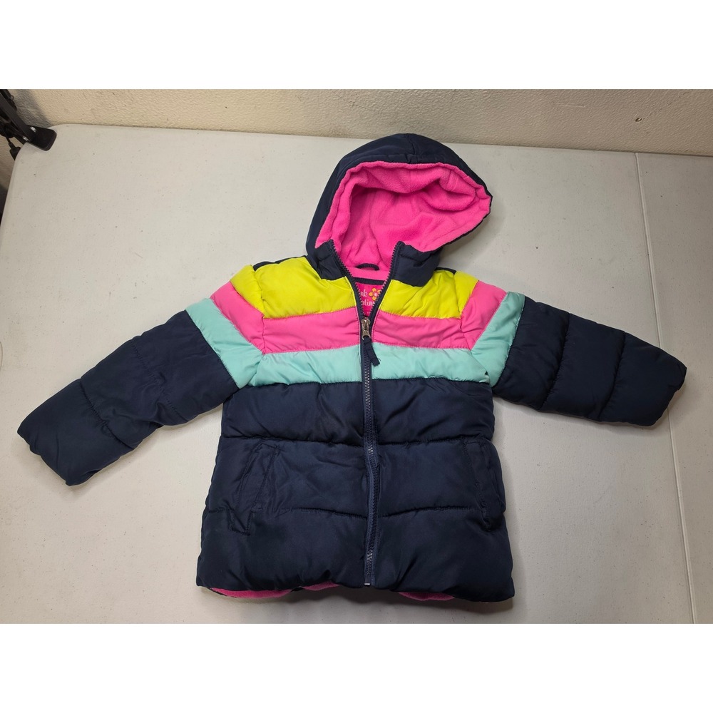 Pink Platinum Girls 3T Puffer Jacket Navy Blue Colorblock Fleece Lined Hooded